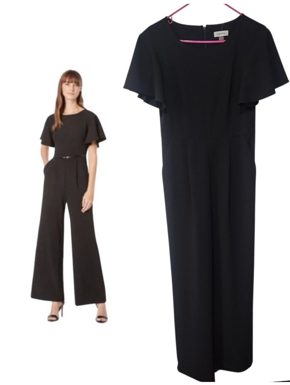 Calvin Klein Ruffle Sleeves Black Jumpsuit Crepe Size 6